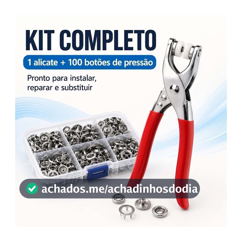 Kit Alicate Aplicador de Botões + 100 Botões de Pressão Metal Inoxidável para Roupas e Artesanato