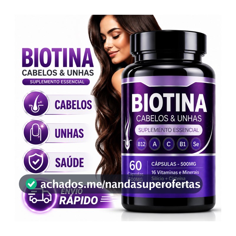 Biotina Original com Ácido Hialurônico Cabelos e Unhas 100% Pura 60 Cápsulas - POTE PARA 30 DIAS USO