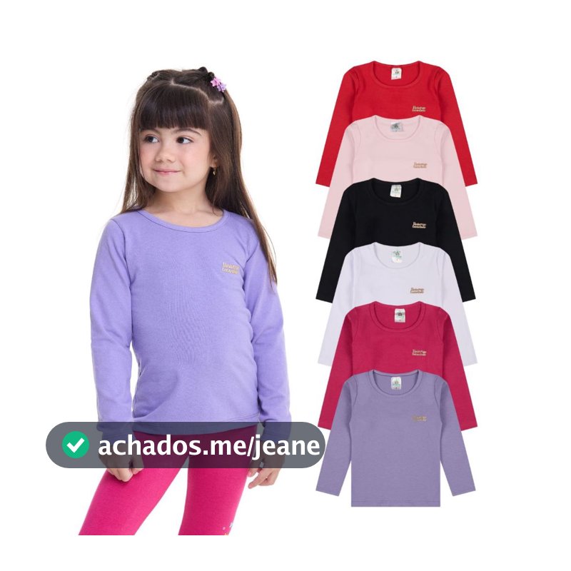 Kit 3 ou 5 Blusas Manga Longa Infantil Menina Algodão Lisa Feminino de Inverno Quentinho