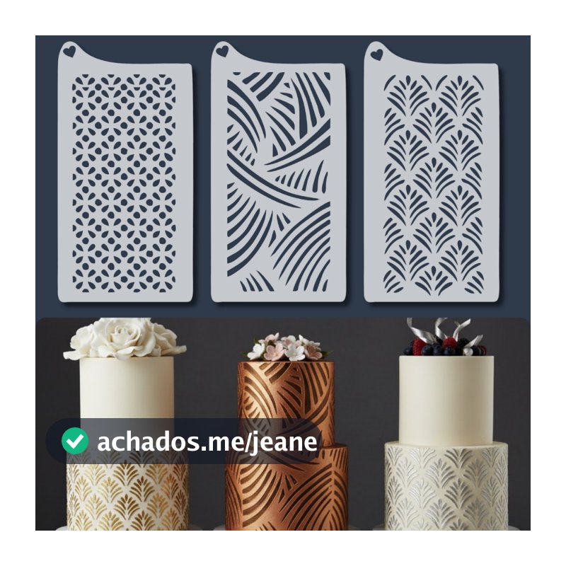 Kit 3 Stencil Carimbo Texturizador para Bolos Fondant Biscoitos Molde Plástico Relevo Confeitaria