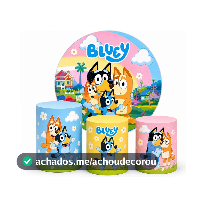 Kit Decoração Capa Painel Redondo 150x150cm Mais Trio Capas Cilindros Tema Bluey Lançamento Tecido Premium Lavável