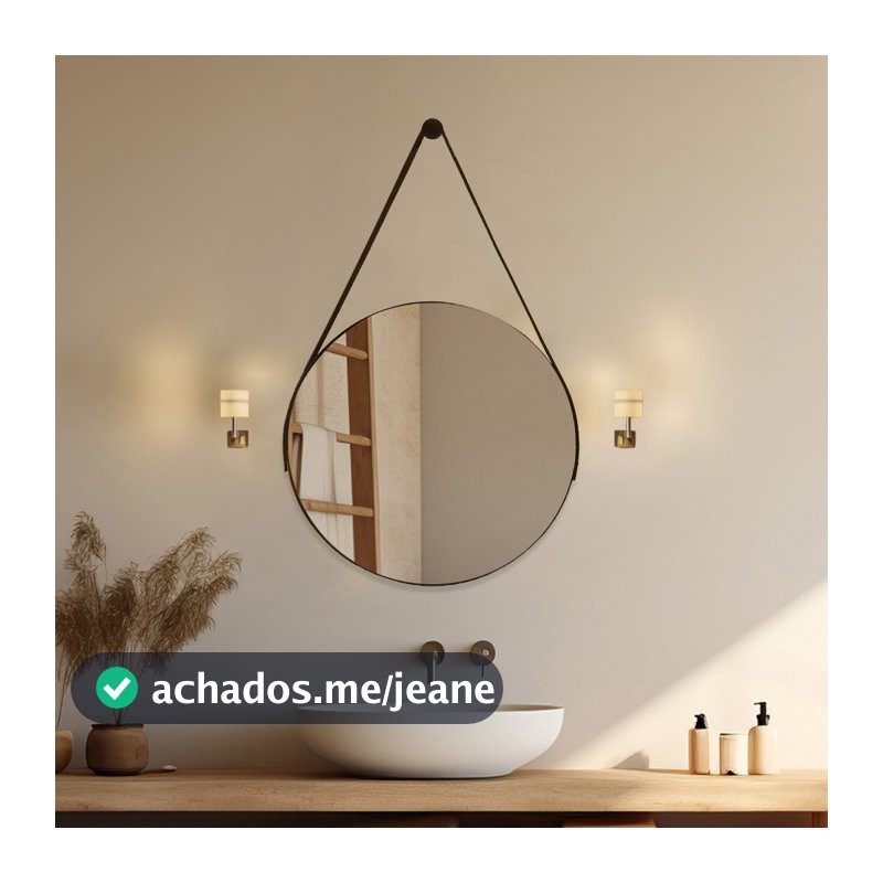 Espelho Adnet Redondo 40cm Com Alça Couro e Suporte Decorativo Para Sala Banheiro