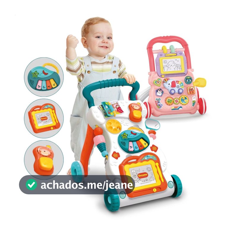 Andador de Empurrar Didático Brinquedo Educativo com Teclado Musical e Lousa Mágica