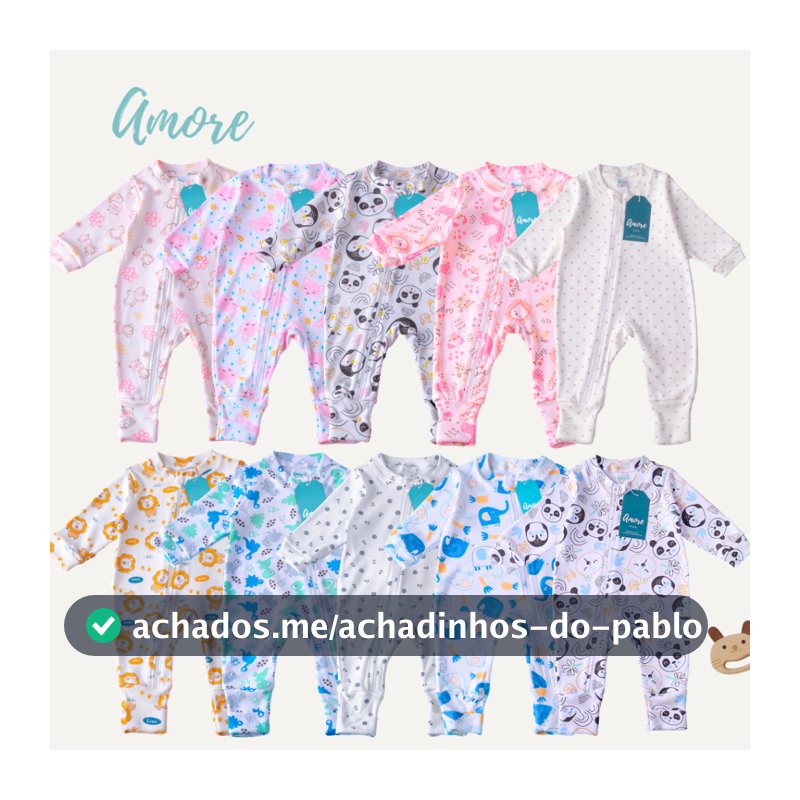 KIT 4 Macacões Bebê Amore Vira Pé com Ziper Sortidos Estampados 100% Algodão