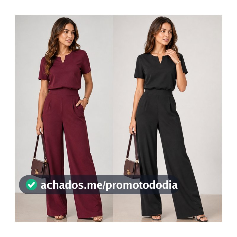 Conjunto Alfaiataria Gola V Feminino Premium Elegante Social Blusa Manga Curta Calça Pantalona Wid Leg Outono Inverno -