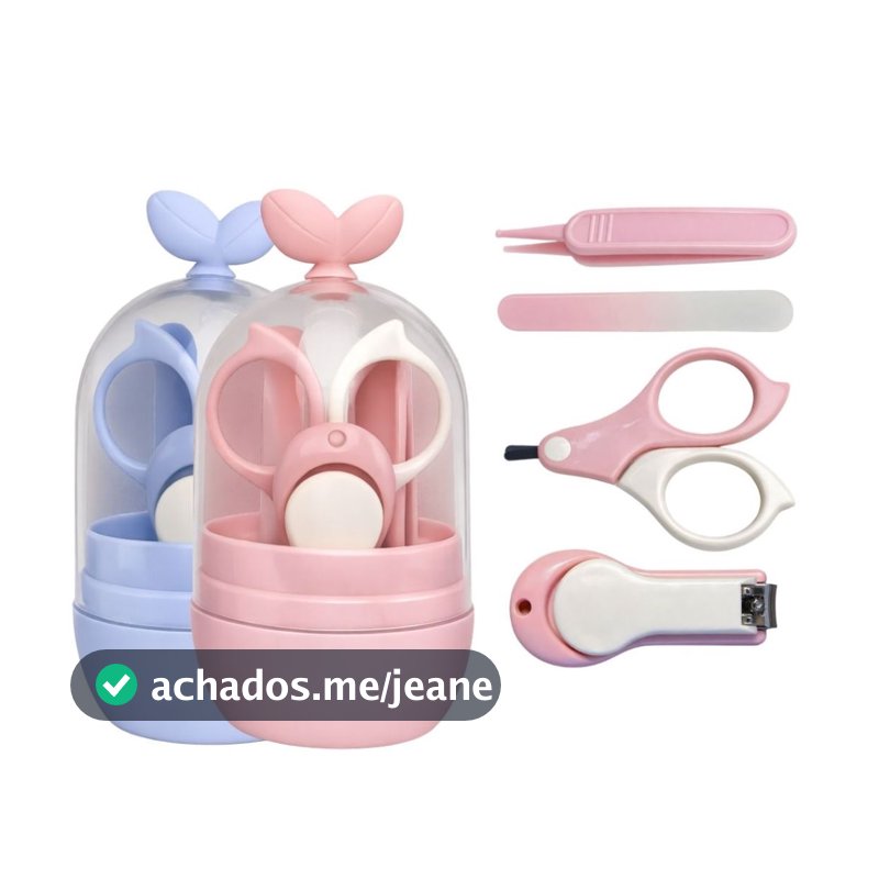 Kit Higiene Bebê 4 Peças Completo Recém Nascido com Tesoura Ponta Redonda Cortador Menino Menina
