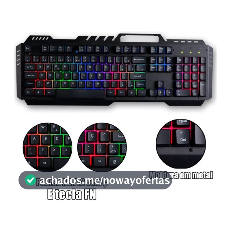 Teclado Gamer Semi Mecânico Metal Usb Luminoso Antigosting B-MAX Teclado Semi Mecanico color Rainbow