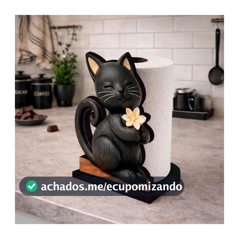 Porta Papel Toalha Gato Preto MDF Suporte Rolo Cozinha Decorativo Fofo Moderno