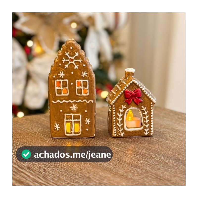 Kit 2 Porta Velas Casa de Biscoito Natalina em Cerâmica