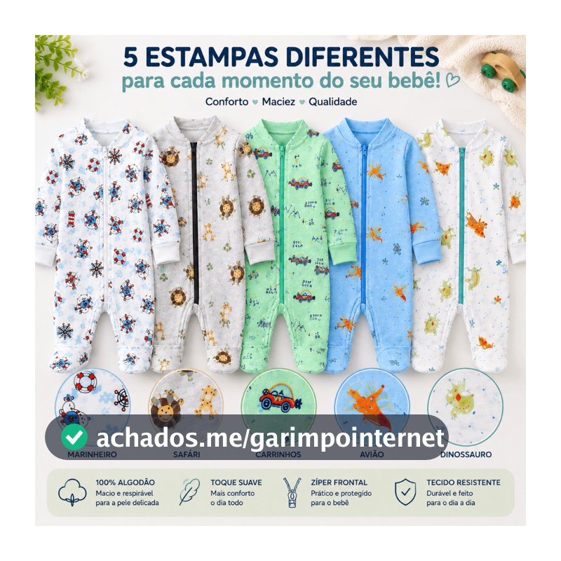 Kit 5 Macacão Estampado Menino Roupa Infantil Bebê Zíper Algodão Macio