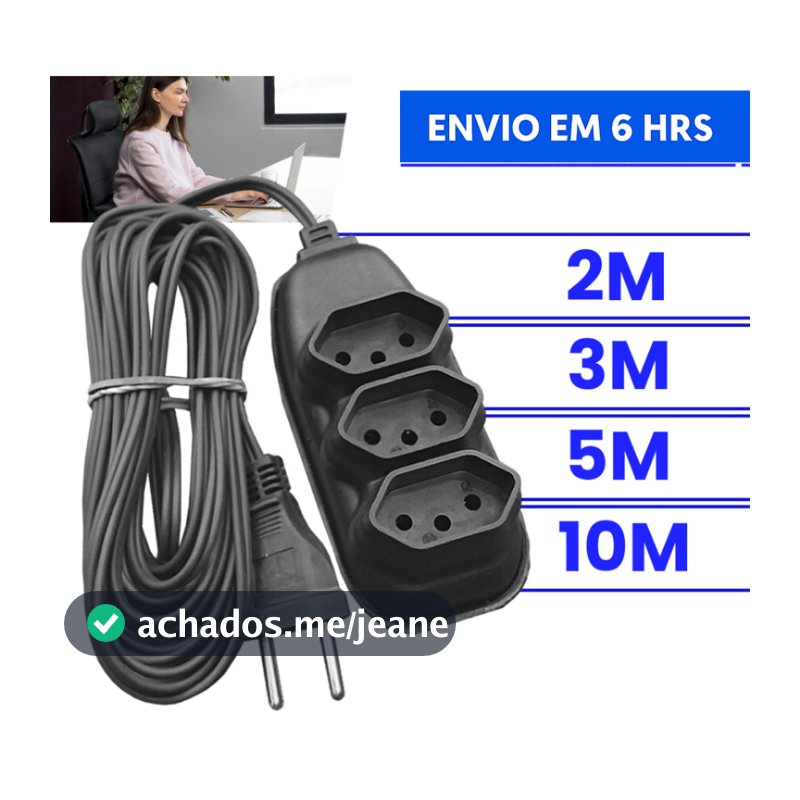 Extensão Elétrica 10 Metros - Bivolt 110/220 10A Tomada Tripolares Preta Resistente