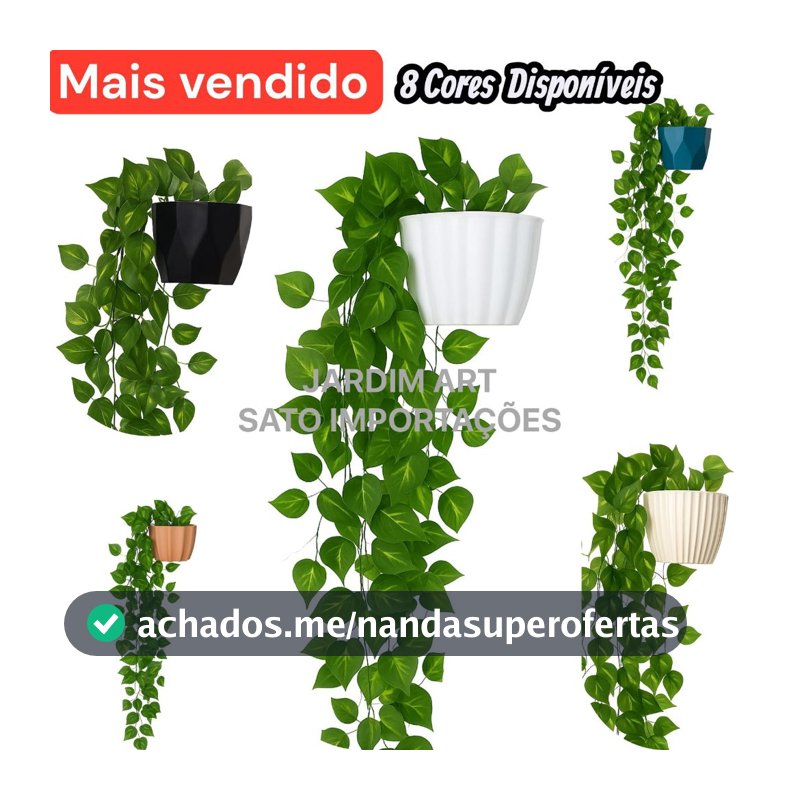 1 Kit Vaso Plastico Ceremico + 2 Planta Pendurada Verde  Artificial Parede Varanda pendente verde caida Enfeite