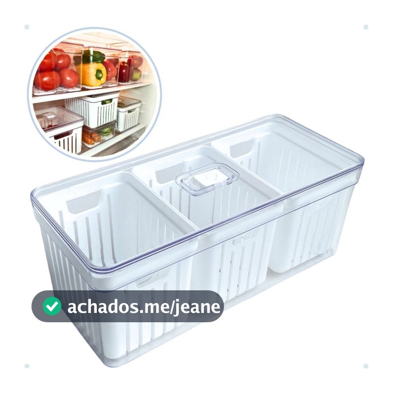 Organizador de Geladeira Grande com 3 Cestos de Drenagem e Tampa com Controle de Ventilação - 6,8 LITROS.