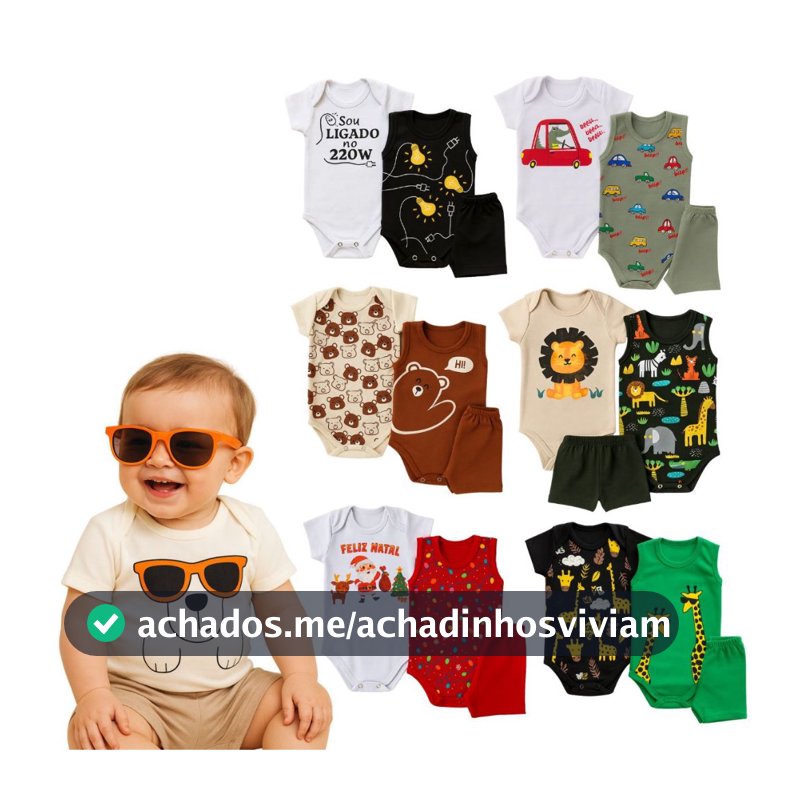 Kit 3 Peças Body Bebê Menino Verão Body Curto e Regata e Short Roupa Bebê Menino Verão Algodão