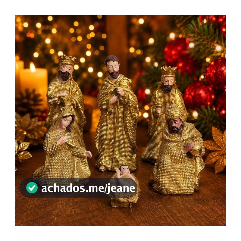 Presépio Dourado Natalino Luxo  18cm 6pçs Resina Importada