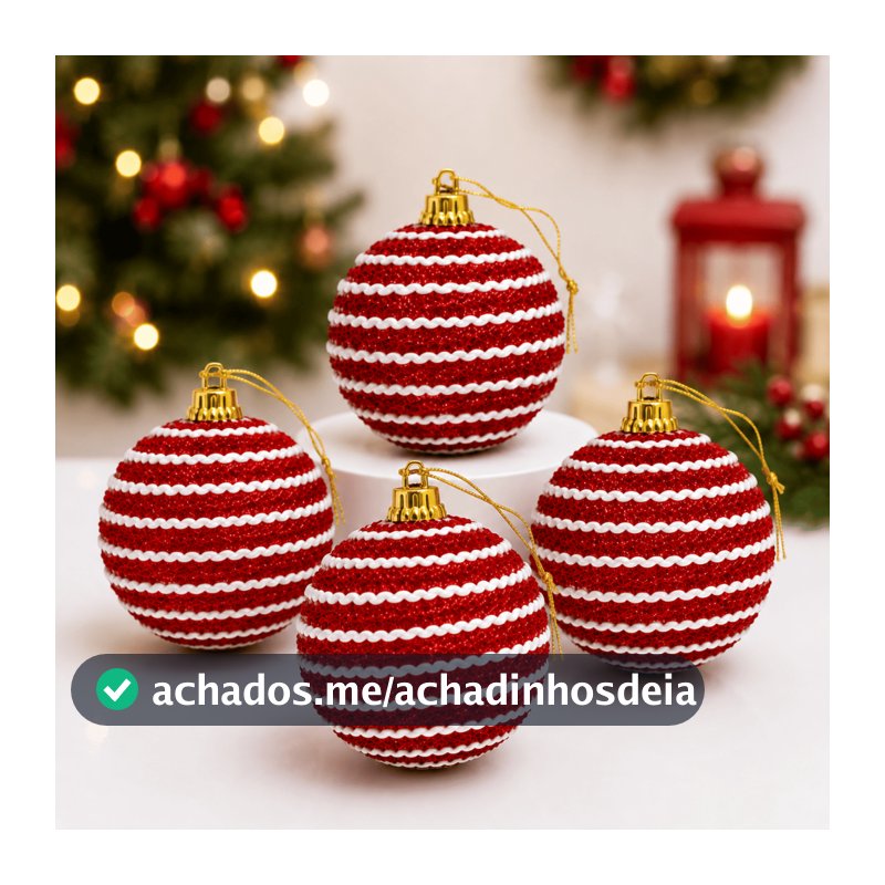 Kit 4 Bolas De Natal 8cm Com Glitter Vermelha P/ Árvore