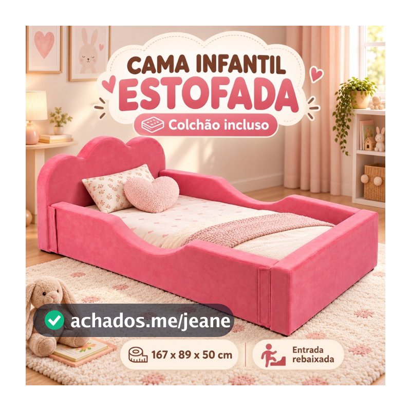 Mini Cama Infantil Montessoriana Pompom Espuma D26 Menina Menino Proteção Lateral Bege Rosa Azul Incluso Colchão - AV