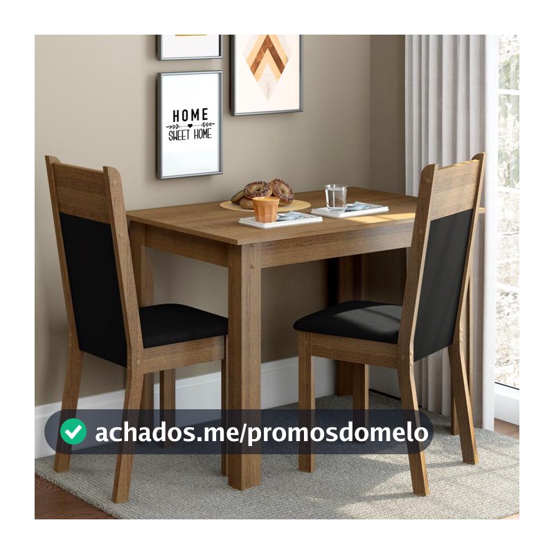 Conjunto Sala de Jantar Madesa Lola Mesa Tampo de Madeira 2 Cadeiras - Rustic/Preto/Sintético Preto