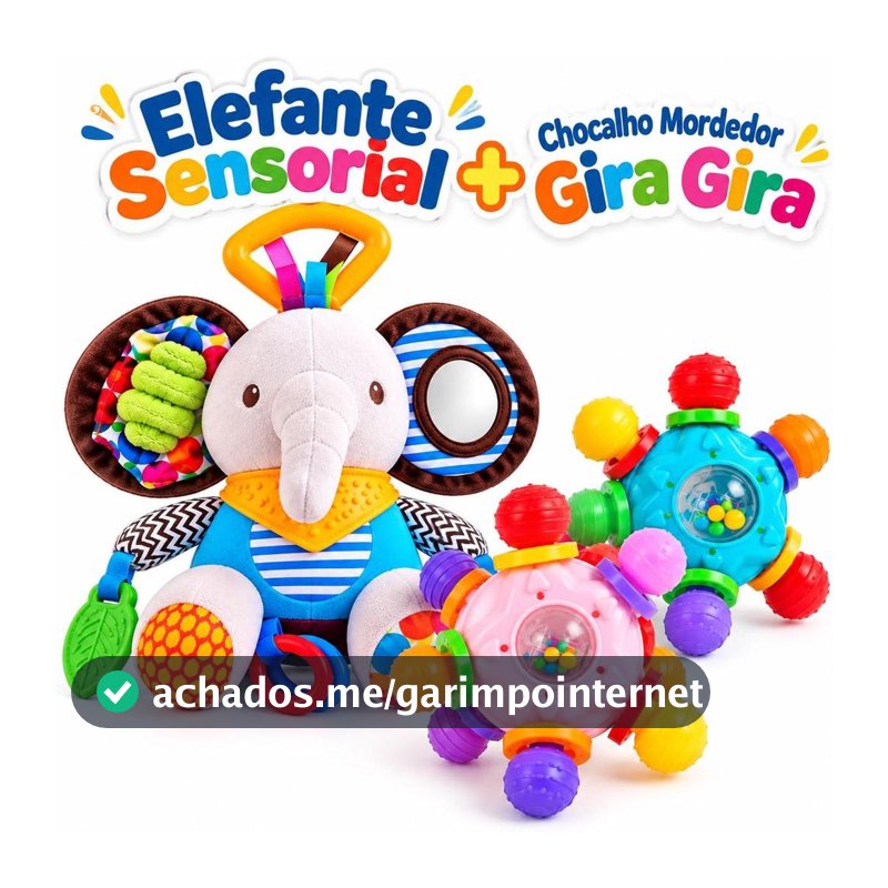 Brinquedo Elefante Pelúcia Sensorial Montessori Bebê Chocalho Mordedor Educativo e Chocalho Gira Gira.