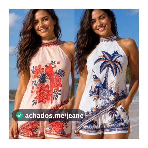 Conjunto Shorts e Blusa Assimétrica Elegante Estampa Tropical
