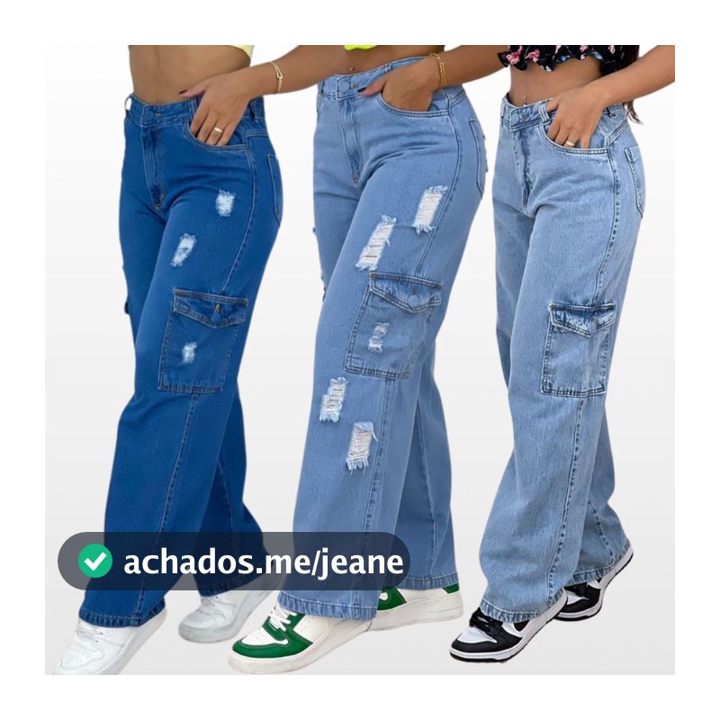 Calça Cargo Jeans Feminina Folgada Com Bolsos Rasgos (Premium) Na Moda