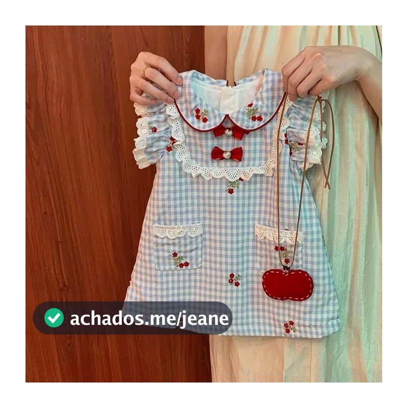 Vestido de Verão para Meninas com Top de Alças Xadrez, Laço Bordado e Renda, Vestido de Princesa