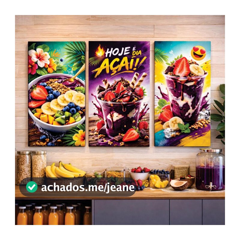Quadro Decorativo 3 peças Hoje é dia de Açaí Frutas Sobremesa
