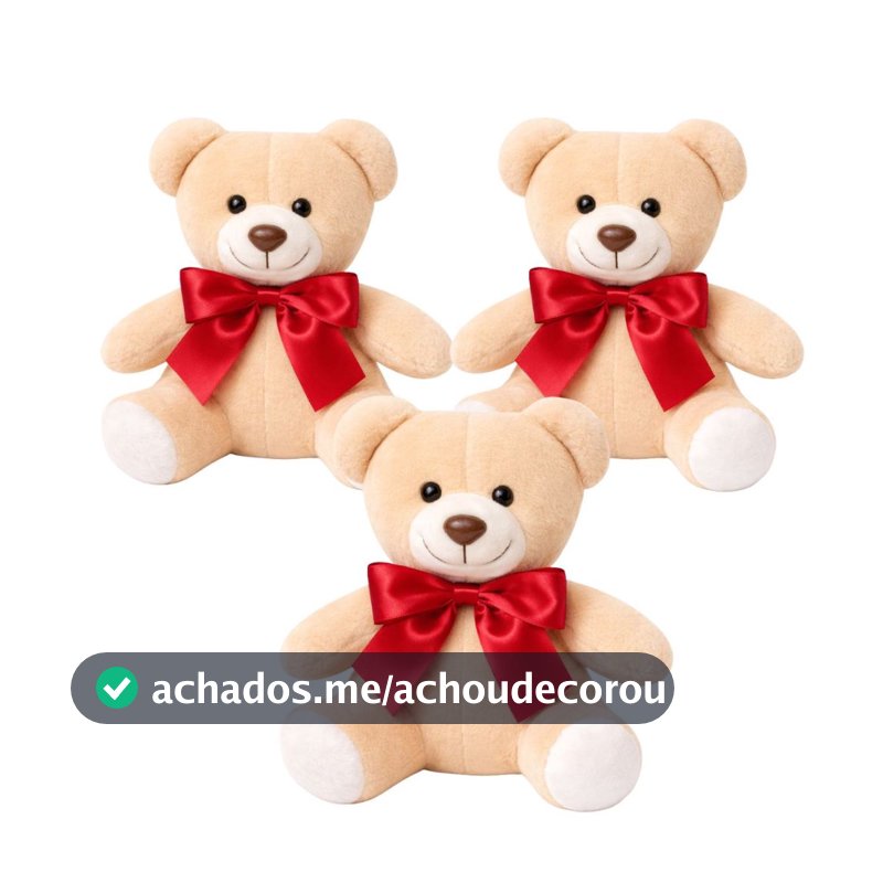 🧸Trio Ursinhos de Pelúcia com Laço Luxo Kit 3 Ursos Decorativos para Quarto de Bebê Enxoval Infantil