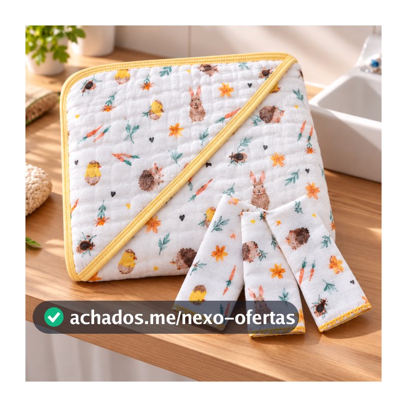 Kit 1 Toalha Banho Soft Bebe Capuz Fralda Grossa + 3 paninhos boca 100% Algodão Menino Menina