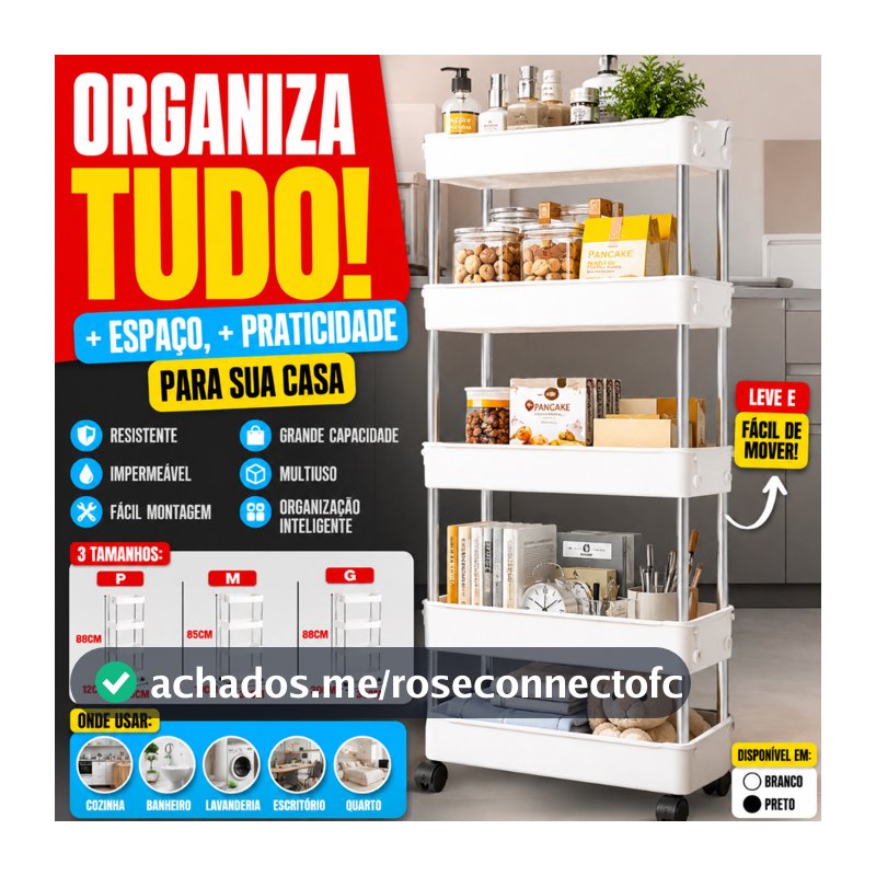 Prateleira Carrinho Auxiliar Organizador de Objetos Multiuso 4 Andares com Rodinhas P, M, G ou Kit 3