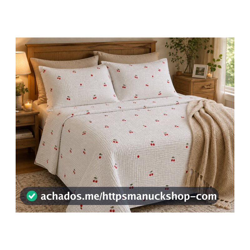 Kit Colcha Piquê 3 Peças Estampado com 2 Fronhas Cobre Leito Leve Confortável para Cama