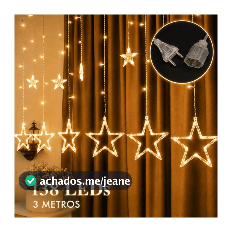 Cascata Estrela 138 Leds Branco Quente – 8 Modos Pisca Natal Decoração