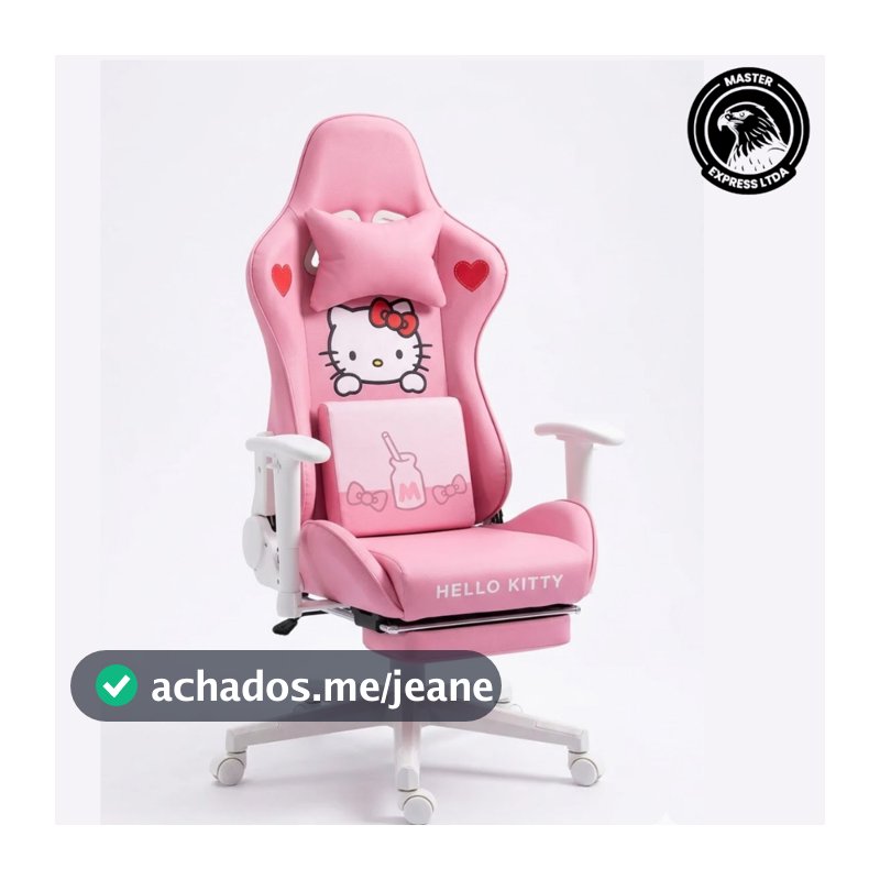Cadeira gamer Hello Kitty Rosa com descanso para pés e almofada