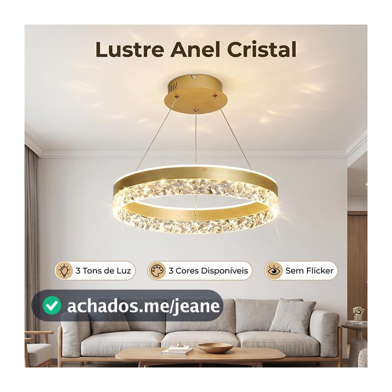 Lustre Anel de Cristal LED Moderno 3 Tons de Luz Bivolt 110V-220V Ideal para Sala Quarto e Sala de Jantar
