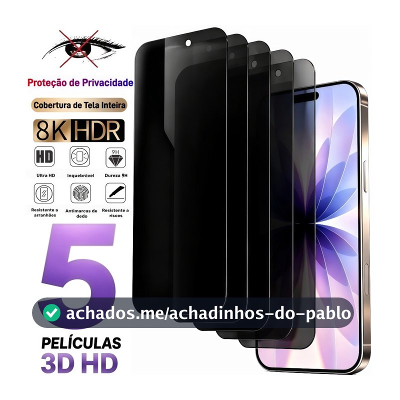 Privacidade 3D 9H Anti Espião HD para iPhone 16/15/14/13/12/11/XR/XS/X/17 Pro Max / Pro