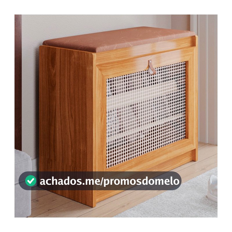 Sapateira Banco Plenitude Com Prateleira E Porta Basculante Detalhe Rústico em Ratan - LH Móveis