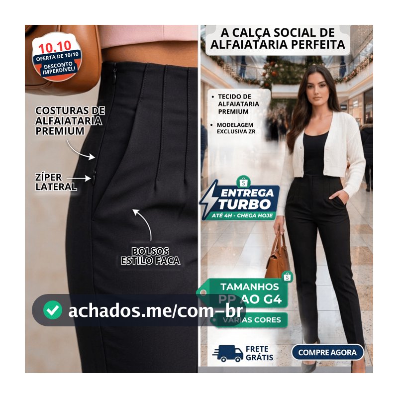 Calça Feminina Cor Preta Alfaiataria Cintura Alta Social Plus Size  Elegante ZR com bolso Ziper