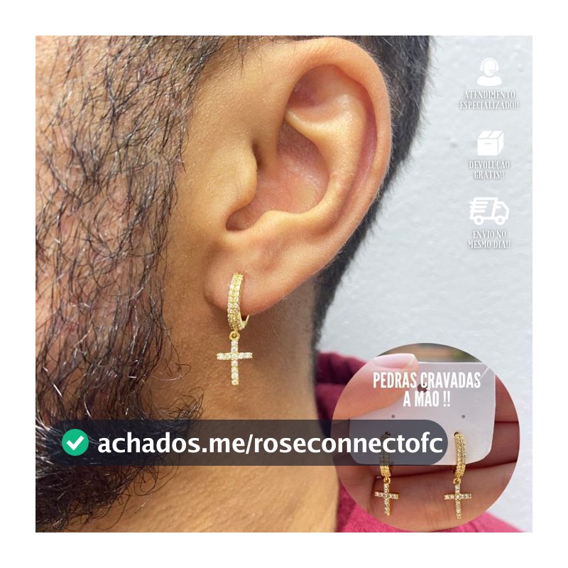 Brinco Masculino de Ouro 24k Brinco Cravejado com Crucifixo Banhado a Ouro
