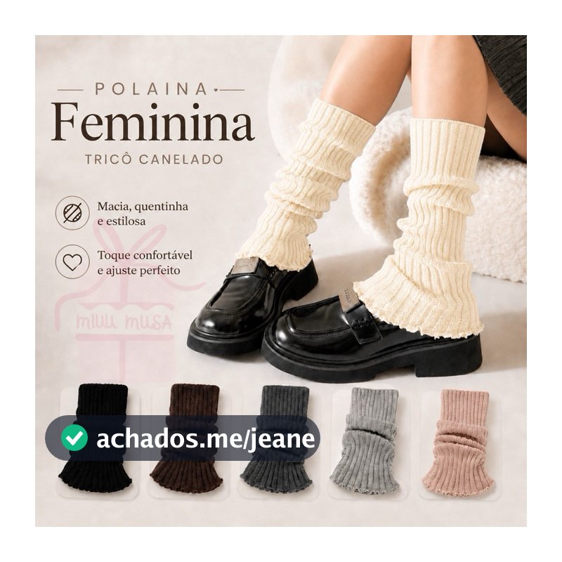 Polaina Feminina Canelada de Tricô Quentinha Macia Elástica Estilo Coreano Kawaii Meia Cano Alto Inverno para Bota Tênis