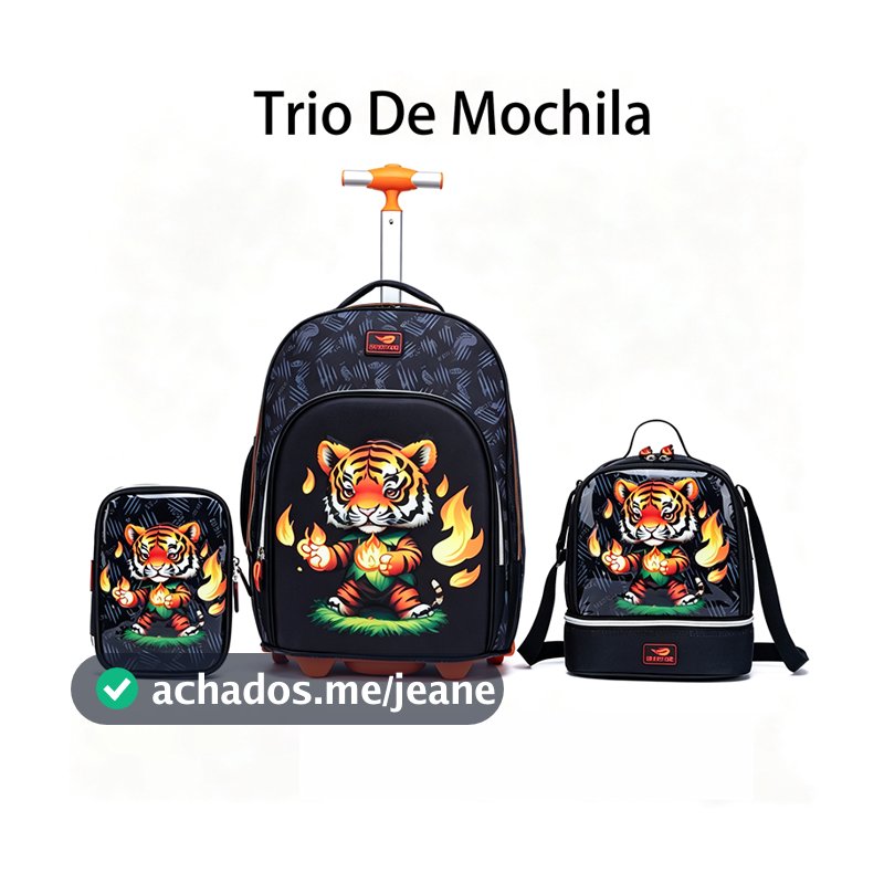 Kit Mochila Rodinhas Lancheira Estojo Menino Escolar Espaçosa Resistente Infantil Tigre Spector