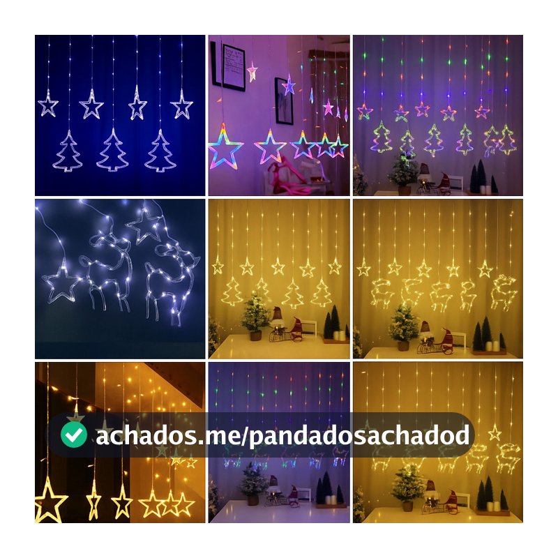 Cortina de Luzes Natalinas Estrelas 3m 110V/220V 12 Pendentes LED Quente, Branca e Colorida Decoração de Natal