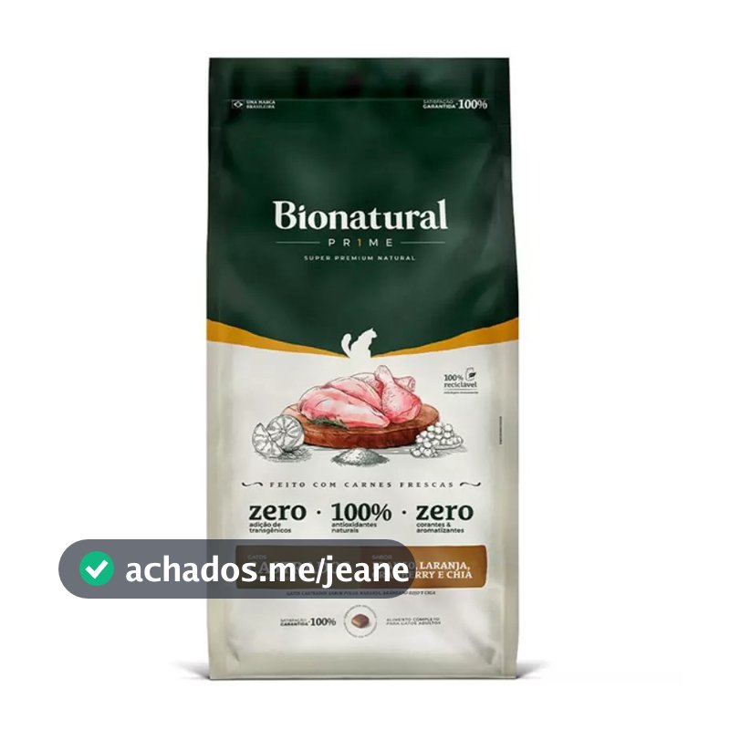 RAÇÃO BIONATURAL PRIME GATOS ADULTOS CASTRADOS FRANGO 7.5KG