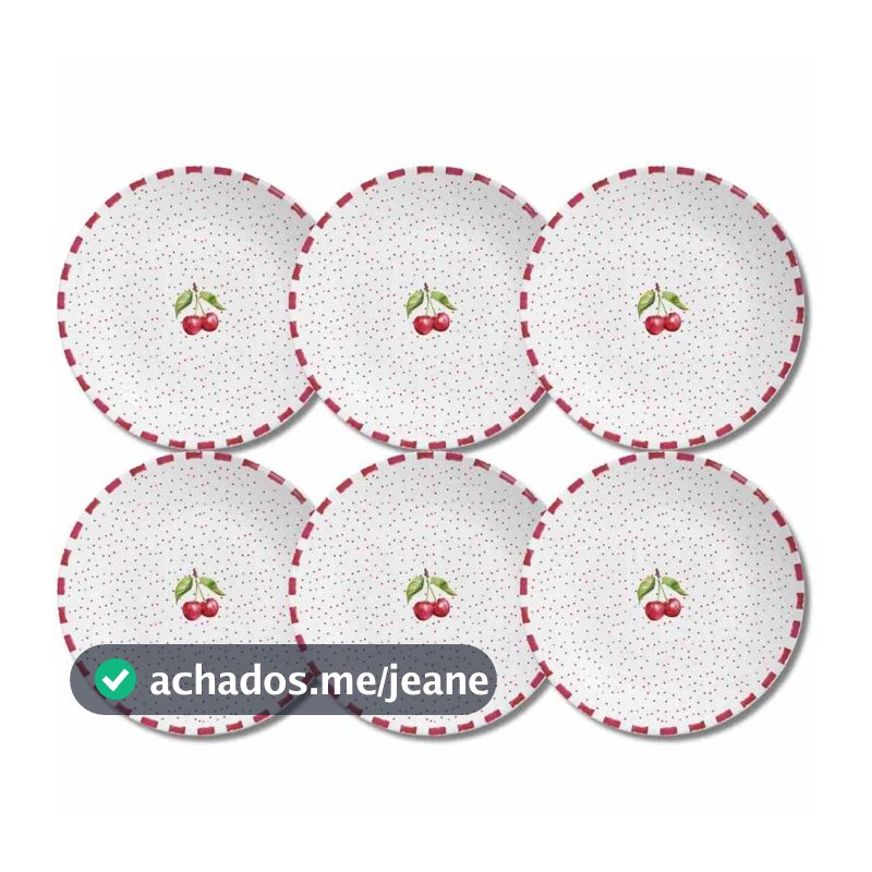 Jogo 6 Prato Raso De Cereja Amarena Em Cerâmica Alleanza Branco e Vermelho Prato de Jantar