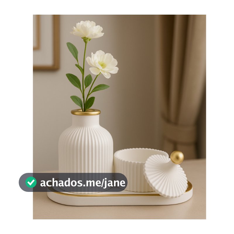 Kit Decorativo com Detalhe Dourado 3 Peças Vaso Bandeja e Porta Objetos