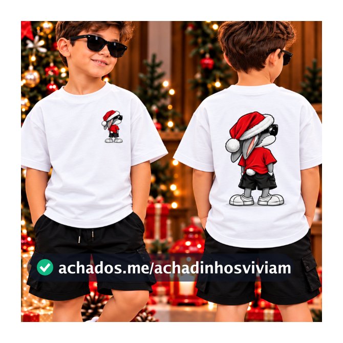 CAMISETA INFANTIL NATALINA 2026 | Coelhinho Estiloso com Gorro de Papai Noel | Estampa Frente e Costas | Moda Streetwear