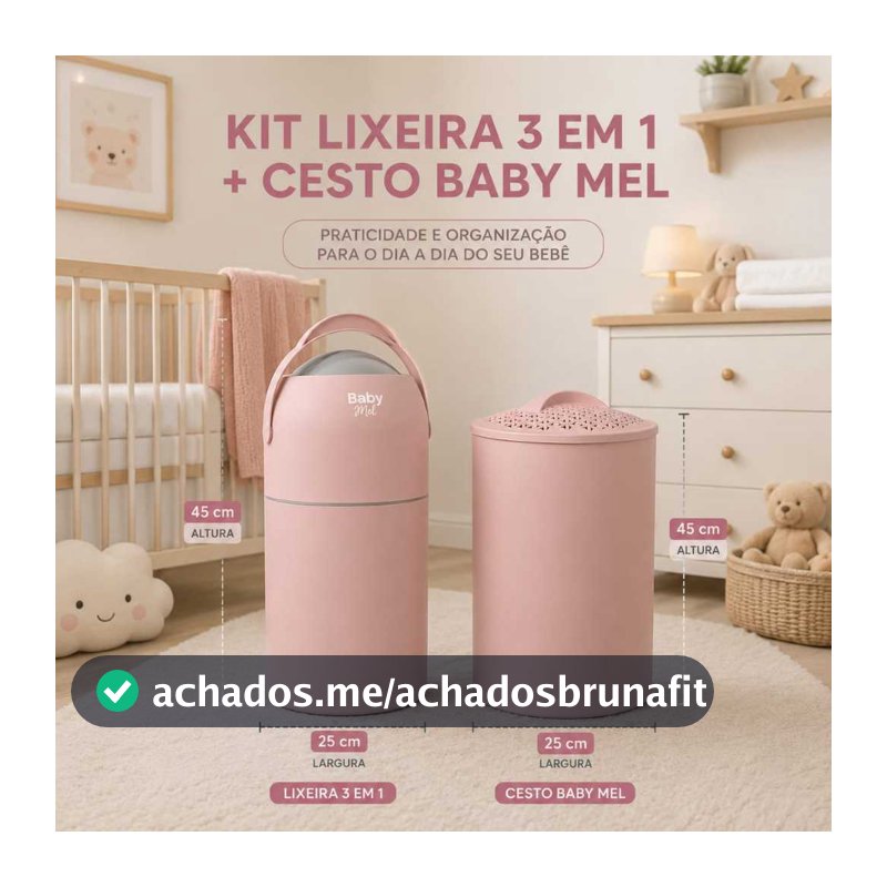 kit lixeira antiodor e cesto 15L de roupa Baby Mel anti viral para fralda descartavel enxoval