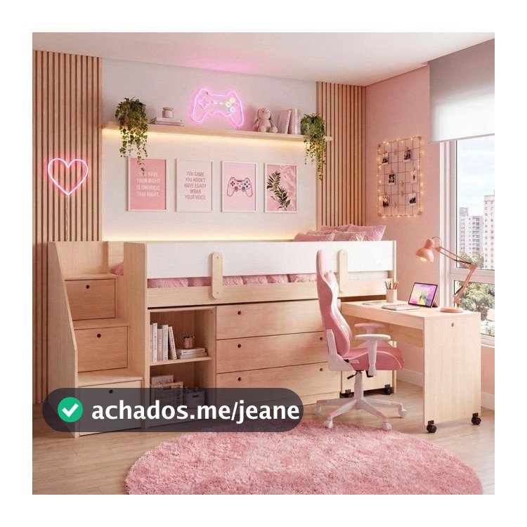 Cama Elevada com Escrivaninha, Armário e Cômoda MDF Artsy Casatema MadeiraOriginals Natural/Branco Natural/Branco