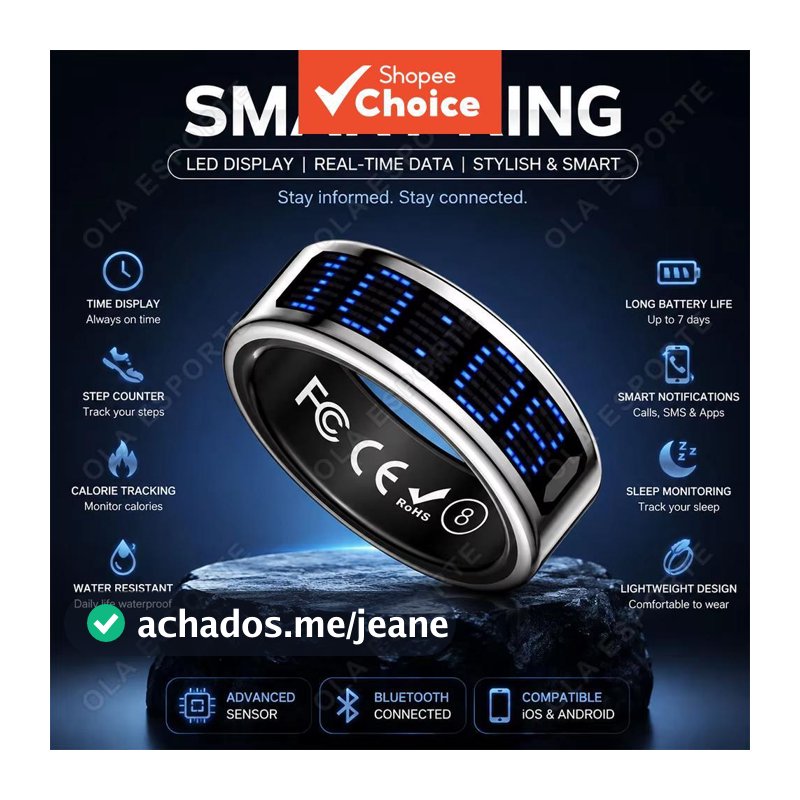 Anel Inteligente Saudável com Monitoramento de Sono, Frequência Cardíaca, Oxigênio no Sangue, Pedômetro Esportivo à