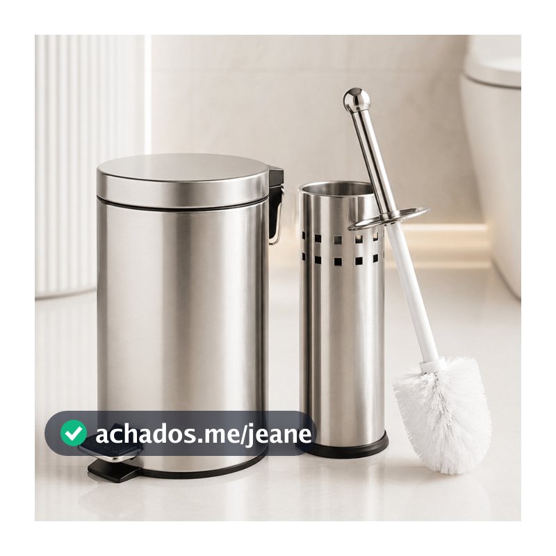 Kit Lixeira Inox com Pedal + Escova Sanitária Inox Vaso Privada Cesto de Lixo Lixeira para Banheiro