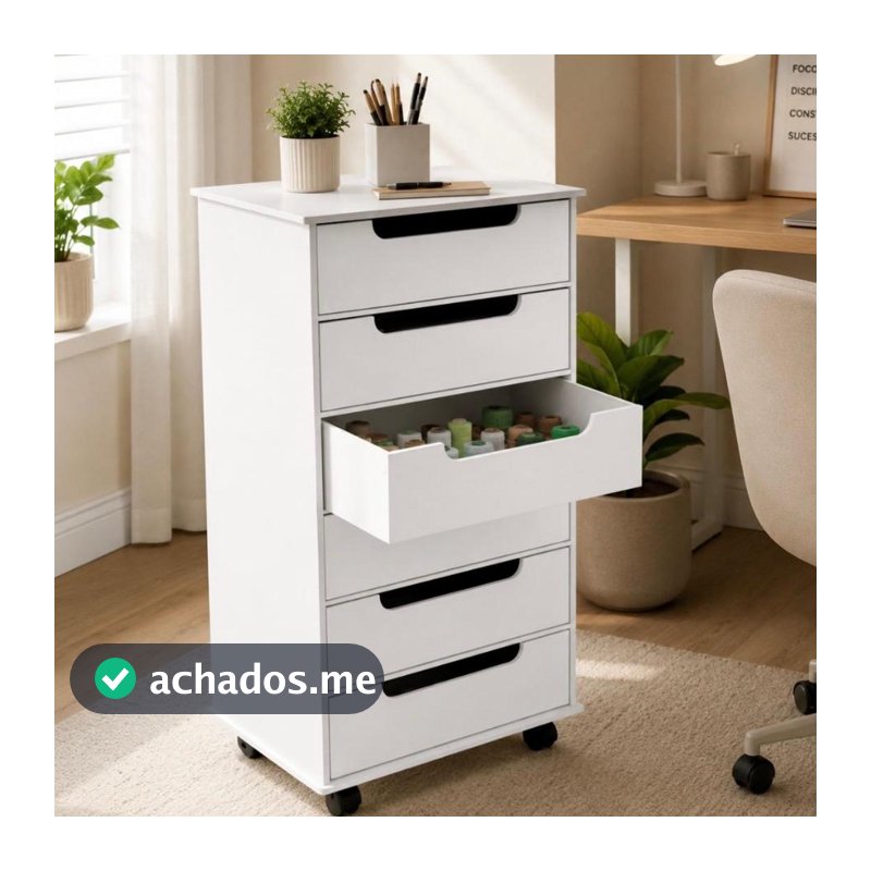 Gaveteiro MDF Branco 6 Gavetas Rodízios Organizador Escritório Home Office Arquivos Documentos Multiuso Compacto